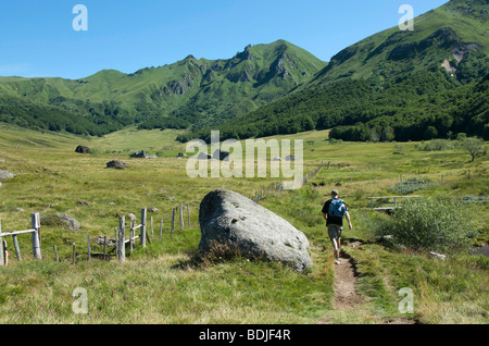 Walker nel massiccio del Sancy. Auvergne. La Francia. Foto Stock