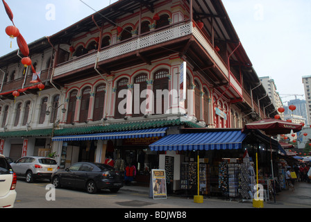 Restaurato palazzo Cinese nell'angolo di Temple Street e Trengannu Street, Chinatown, Singapore Foto Stock