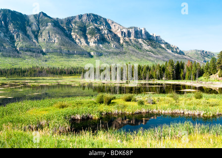 Riflessioni in un lago lungo Chief Joseph Scenic Byway in Wyoming. Foto Stock