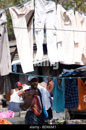Un lavoratore da mumbai biancheria appesa fuori i vestiti Foto Stock