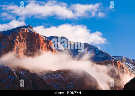 Neve fresca all'alba sul Kolob Canyon, il Parco Nazionale di Zion, Utah Foto Stock