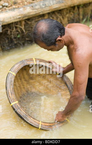 Pietra preziosa Miner panning in aprire il sito di cast. Ratnapura, Sri Lanka. Foto Stock