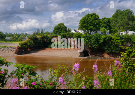 Case sul mare grotte e archi sulle rive del St Martins New Brunswick Baia di Fundy Canada Foto Stock