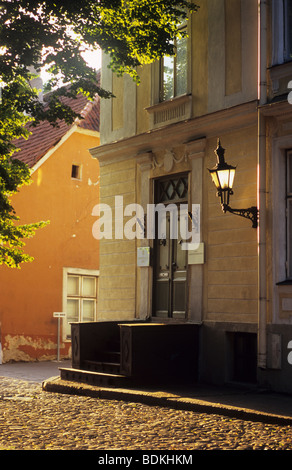 Strada di ciottoli nella luce della sera, la Città Vecchia di Tallinn, Estonia Foto Stock