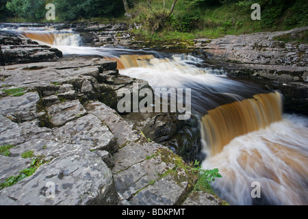 Serie di cascate a gradini o rapids a forza di Stainforth cascata sul fiume Ribble, Stainforth, Ribblesdale, Yorkshire Dales REGNO UNITO Foto Stock