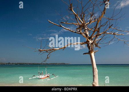 Indonesia, Lombok, Gili Air, dipinti di bianco e blu outrigger barca ormeggiata in un idilliaco mare aquamarine Foto Stock