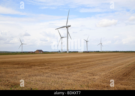 I moderni mulini a vento di generare energia elettrica accanto alla A141 in Cambridgeshire Foto Stock