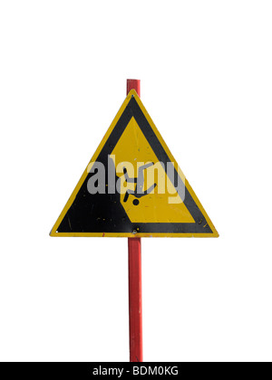 Pericolo di caduta di firmare su sfondo bianco Foto Stock