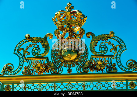 Parigi, Francia - dettaglio architettonico, primo piano, Monumento Francese, Chateau de Versailles, Gate, Emblema d'oro del re francese, di fronte al castello francese, Foto Stock