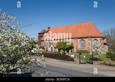 St Bartholomaeus Kirche San Bartolomeo la Chiesa in Mittelnkirchen, la fioritura dei ciliegi, Altes Land regione inferiore, Elba, Bassa Sassonia, Foto Stock