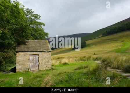 Campo granaio e sentiero lastricato all'inizio dell'Pennine Way, vicino a Edale, Peak National Park, Derbyshire, in Inghilterra, Regno Unito Foto Stock