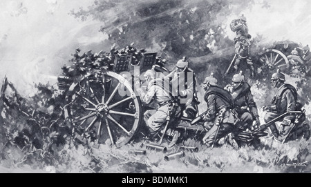 Campo tedesco cannoni in azione durante la Prima Guerra Mondiale. Una batteria mascherato, schermati da fogliame, aprendo il fuoco. Foto Stock
