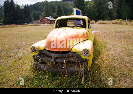 Un antico Chevrolet pickup truck ruggine in un campo in Oregon Coast intervallo vicino Philomath, Oregon. Foto Stock