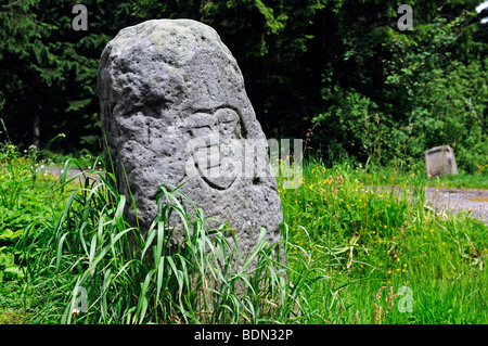 Grosser Dreiherrenstein, storica pietra di frontiera sul confine di tre principati, Rennsteig, Foresta Turingia, Turingia, Foto Stock