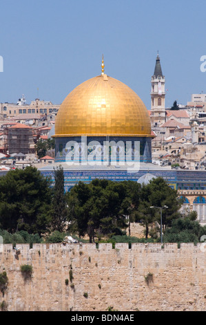 La Città Vecchia di Gerusalemme, compresa la Cupola della roccia, come si vede dal Monte degli Ulivi. Foto Stock