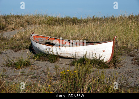 Abbandonato il vecchio double ended arrugginendo metallo riga barca spiaggiata su una duna erbosa in Fort Worden stato Parco Port Townsend Washington Foto Stock