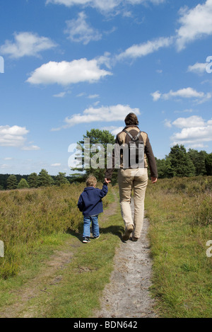 A piedi sulla brughiera, la madre e il figlio di 2 anni, camminando mano nella mano, Lueneburger Heide, Lueneburg Heath, Bassa Sassonia, Germania, UE