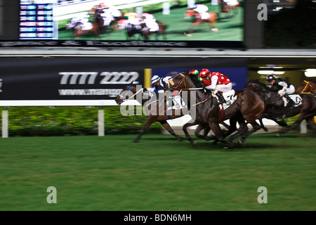 Cavalli al galoppo verso il traguardo durante una notte horse racing event a Happy Valley Race Course a Hong Kong. Foto Stock