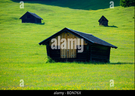 Capannoni piccoli su un prato a molla, Gerold, Mittenwald, Alta Baviera, Baviera, Germania, Europa Foto Stock