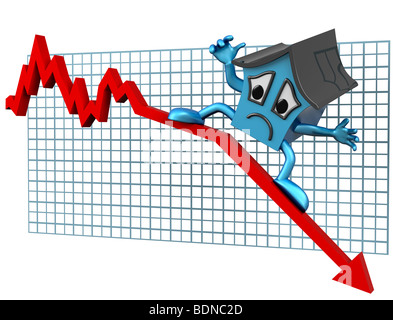 Illustrazione isolato di una casa di navigare verso il basso su un grafico in declino Foto Stock