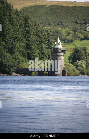 Area di Lake Vyrnwy, Galles. Vista generale del Lake Vyrnwy con la torre di deformazione in background. Foto Stock