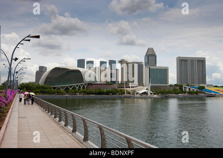 Lo skyline di Singapore, Marinabay, Esplanade Drive, sul retro Esplanade - il teatro sulla baia, centro culturale, Pan Pacific, Mandarino Foto Stock