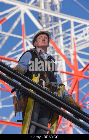 Cavo lineman in piedi su una scala per riparare la linea di trasmissione Foto Stock
