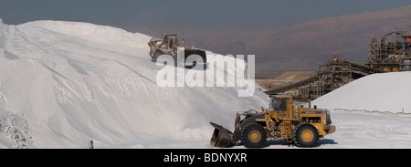 I trattori lavorano su mucchi di cloruro di potassio presso i "Dead Sea Works", un impianto israeliano di potassa sulle rive del Mar Morto nella zona di Sodoma in Israele Foto Stock