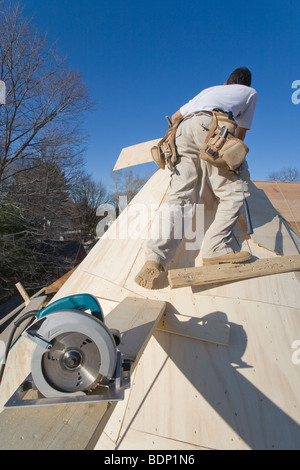 Carpenter lavorando sulla torretta di una casa Foto Stock