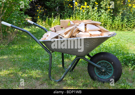 Legname per legna da ardere in una carriola Foto Stock