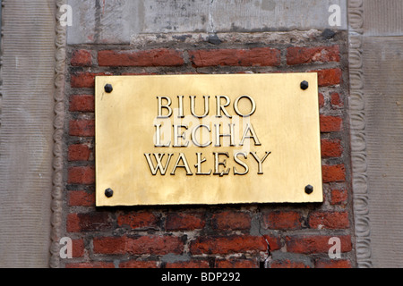 Segno per ufficio di Lech Walesa (Biuro Walesy Lecha) in Gdansk, Polonia Foto Stock