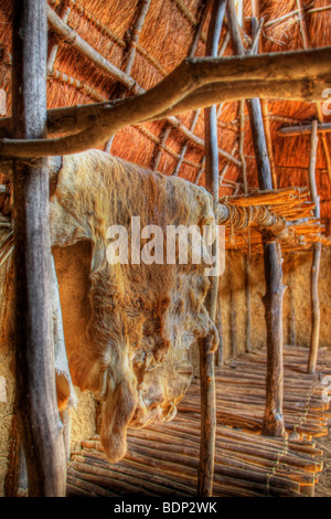 Interno del telaio di legno con fienile essiccato pelli di animali Foto Stock