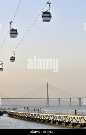 Dal ponte Vasco da Gama, ponte pedonale e gondole nel Parque das Nações park, sede dell'Expo 98, Lisbona, Portogallo, Euro Foto Stock