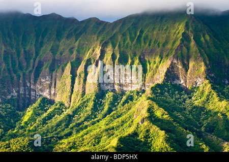 Le scogliere delle montagne Koolau sul lato sopravento di Oahu, Hawaii Foto Stock