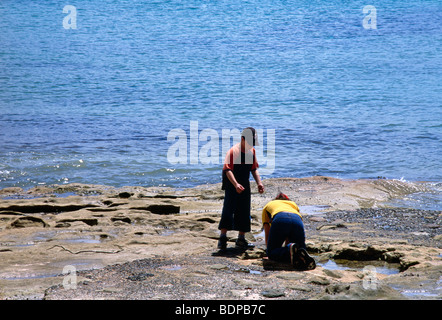 Sydney NSW Australia Botany Bay i bambini a giocare nelle piscine di roccia Foto Stock