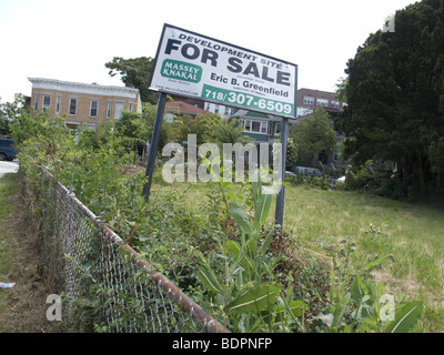 Molti lotti sono in vendita e trascurati negli Stati Uniti in tempi economicamente travagliati. Brooklyn, New York. Foto Stock