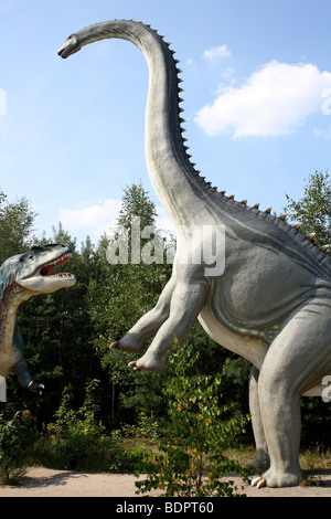 E Diplodocus Allosaurus, parco preistorico Wielkie Nowiny, Polonia, dimensione reale replica, 2009 Foto Stock