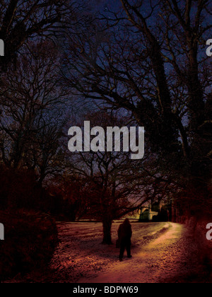 Un uomo cammina lungo un percorso chiaro di luna per un vecchio edificio gotico Foto Stock Un uomo cammina lungo un percorso chiaro di luna per un vecchio edificio gotico Foto Stock