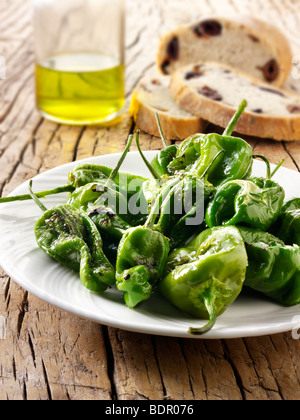 Tutto griddled Padron peperoni snack con sale marino Foto Stock