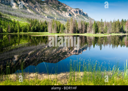 Riflessioni in un lago lungo Chief Joseph Scenic Byway in Wyoming. Foto Stock