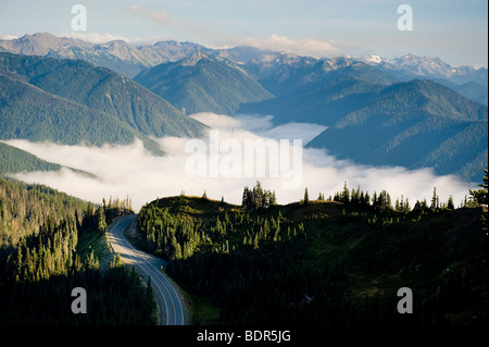 Mare di Nuvole sotto la tomaia raggiunge dell'Hurricane Ridge Road, il Parco Nazionale di Olympic, Washington, Stati Uniti d'America Foto Stock