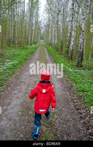 Una bambina camminando in una foresta in Svezia. Foto Stock