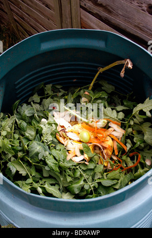 COMPOSTAGGIO DEI RIFIUTI DELLA CUCINA IN UN CONTENITORE DI COMPOST DOMESTICO. Foto Stock