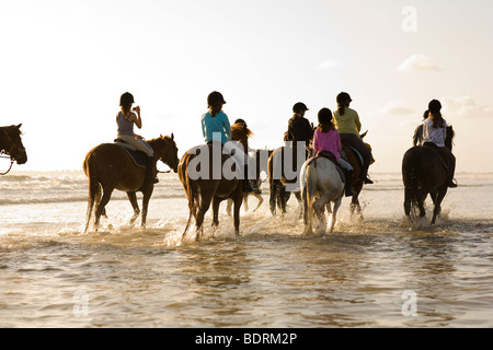 Un maneggio con scuola di equitazione passa per un hack in spiaggia e il surf. I piloti sono di tutte le diverse età e capacità. Foto Stock