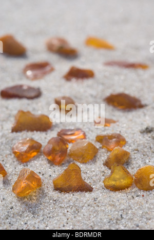 Materie ambre sulla sabbia, Gdansk, Mar Baltico, Polonia, Europa Foto Stock