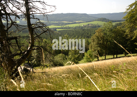 Vista da Lochenstein nella Valle del Danubio,schwaebische Alb, Donaubergland, Baden-Wuerttemberg, Germania, Europa Foto Stock