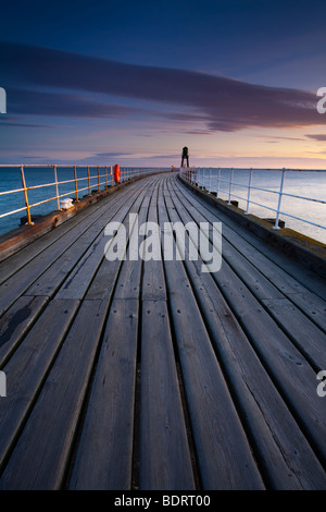 Inghilterra, North Yorkshire, Whitby. Uno dei pilastri di ingresso del porto di Whitby all'alba. Foto Stock