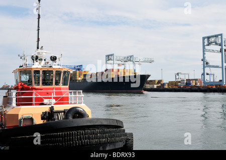 Porto di Boston Waterfront con rimorchiatore e nave container al terminale in South Boston Foto Stock