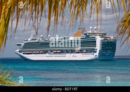 P&O NAVE DA CROCIERA Ventura incorniciata da una foglia di palma, ancorata al largo della costa della isola Catalina, Repubblica Dominicana, dei Caraibi. Foto Stock