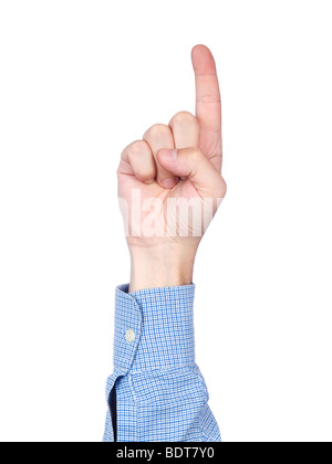 Una mano d'uomo facendo numero 1 gesto isolato su sfondo bianco. Foto Stock